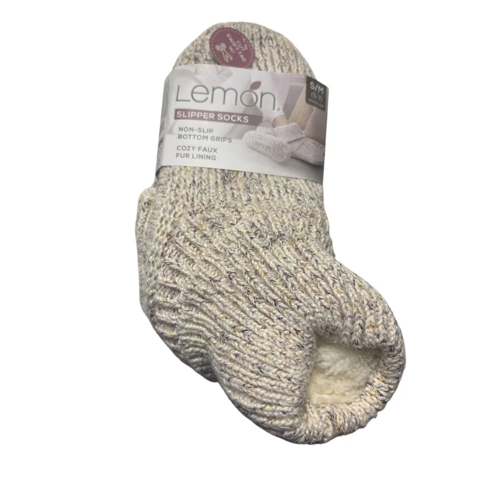 Lemon Slipper Socks Womens SM 5-7 Cream Knit Faux Fur Lined Non-Slip Grips NEW